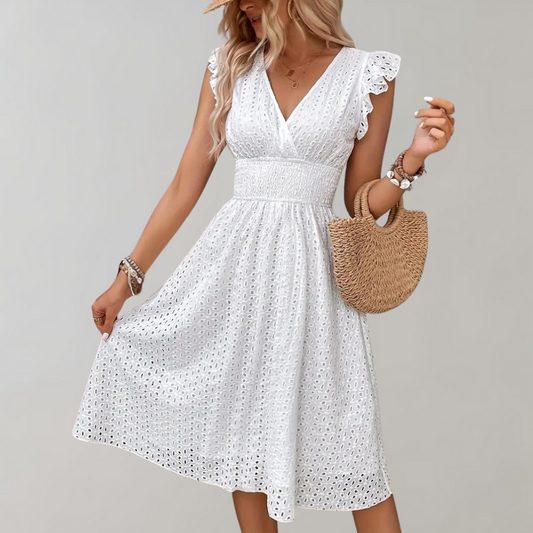 Wivine | Korte Zomerjurk Dames – Witte Jurk met Tailleaccent en Fluttermouwen voor een Frisse, Elegante Look
