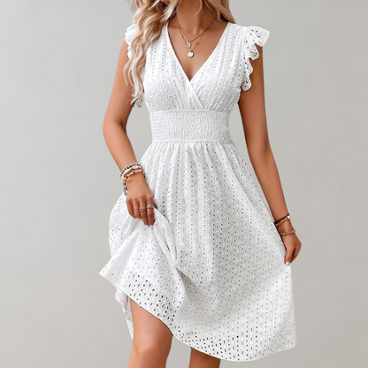 Wivine | Korte Zomerjurk Dames – Witte Jurk met Tailleaccent en Fluttermouwen voor een Frisse, Elegante Look