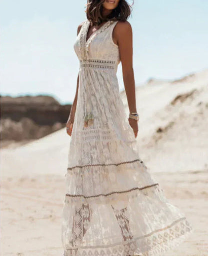 Boho Damesjurk met Kant en Getailleerde Pasvorm voor Zomerse Elegantie