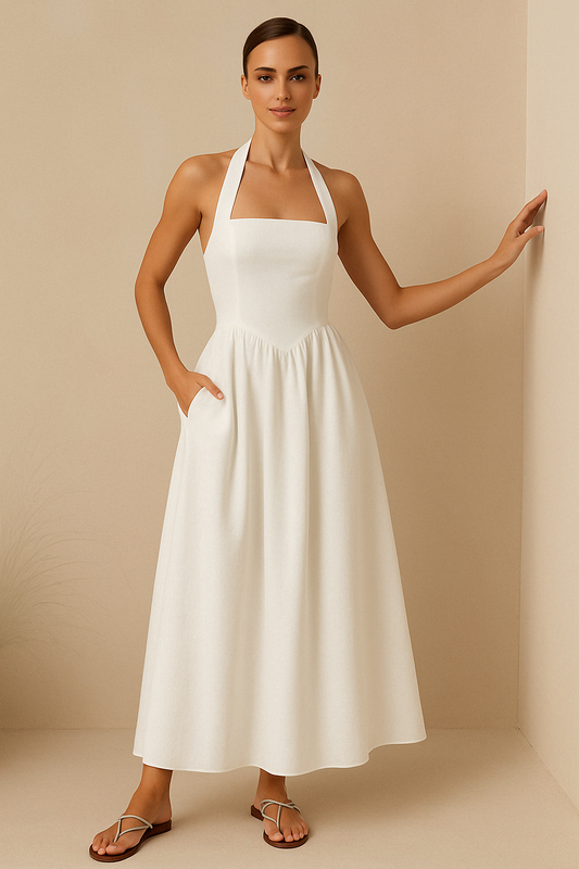 Esther | Dames Maxi Jurk – Halternek – A-lijn Pasvorm – Luchtige Vloeiende Stof – Zomerse Look