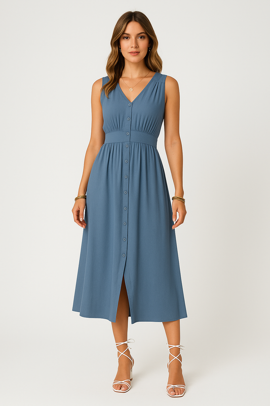 Zomerse A-lijn Jurk | Damesjurk met V-hals, knoopsluiting en elastische taille