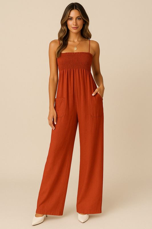 Zomerse Dames Jumpsuit | Relaxte pasvorm met ruche lijfje en spaghettibandjes in ademend katoen
