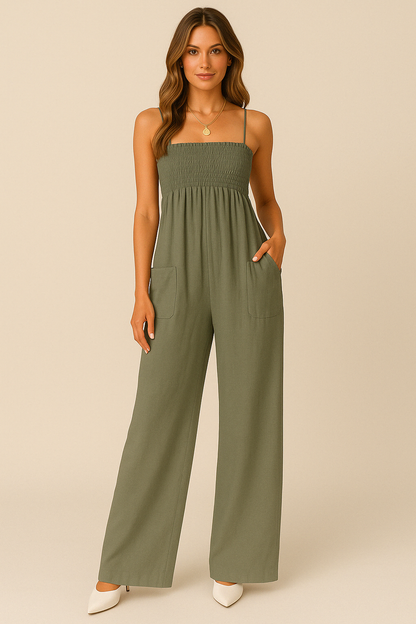 Zomerse Dames Jumpsuit | Relaxte pasvorm met ruche lijfje en spaghettibandjes in ademend katoen