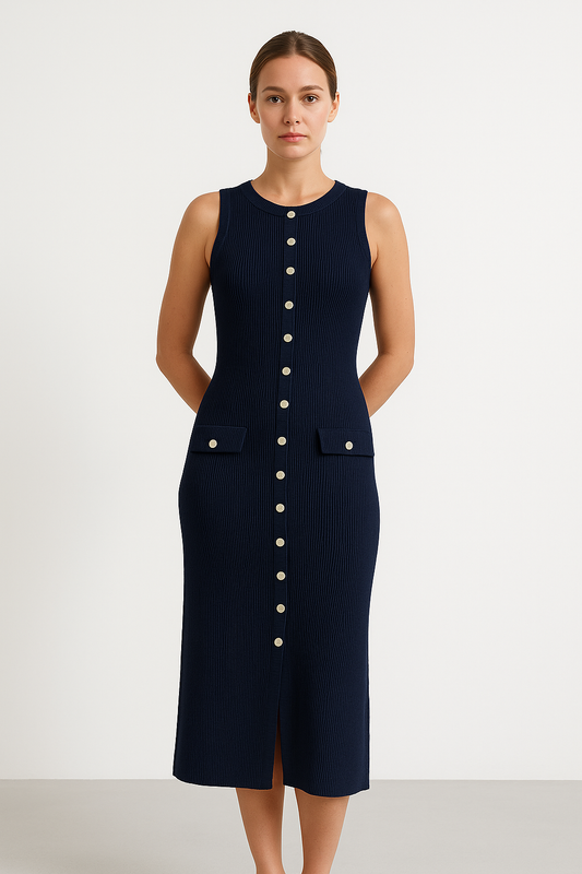 Dilia | Dames Slim Fit Jurk – Mouwloos – Knoopsluiting & Ronde Hals
