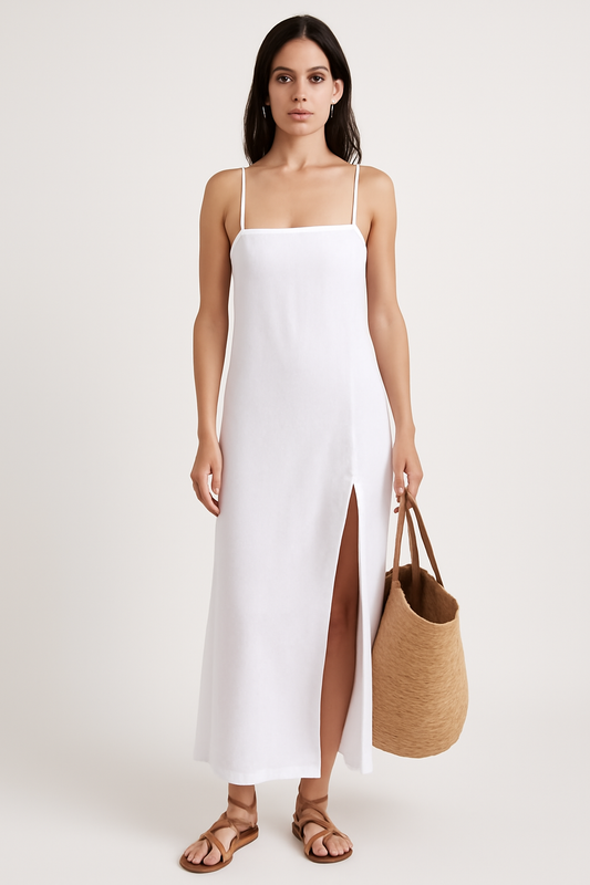Diny | Dames Midi Jurk – Spaghettibandjes – Relaxte Pasvorm & Zijsplit