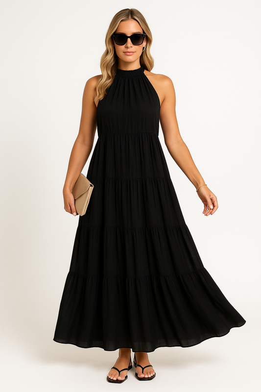 Ariane | Dames Halterjurk – Maxi Lengte met Gelaagde Rok en Tailleband van Ademend Materiaal