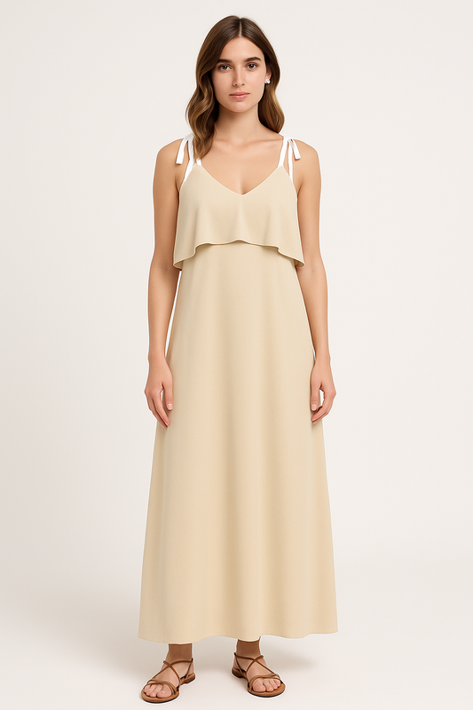 Jelena | Dames Maxi Jurk – Losse Pasvorm met Strikbandjes en Ruches voor Zomerse Comfort & Stijl