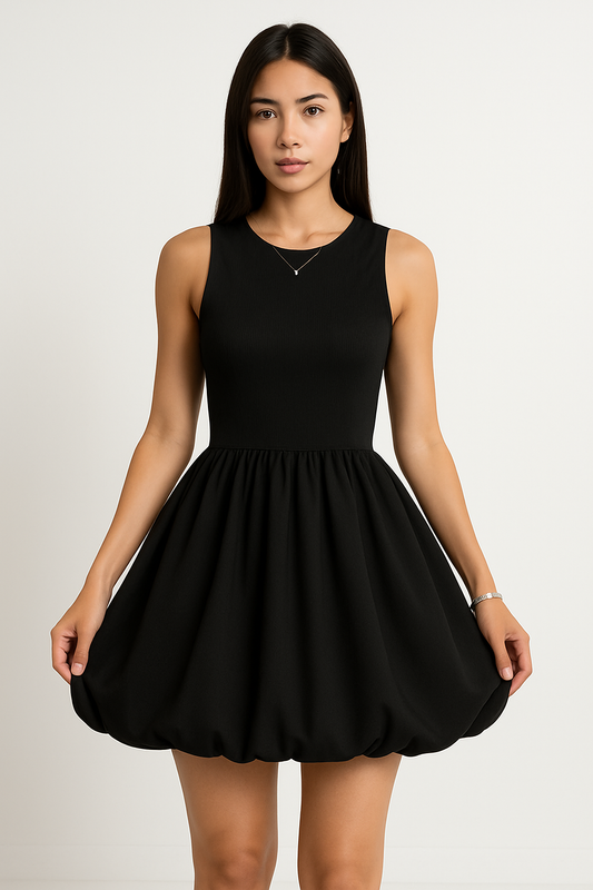 Jolien | Dames Mini Jurk – Getailleerd Mouwloos Model met Flared Rok en Bubble Zoom