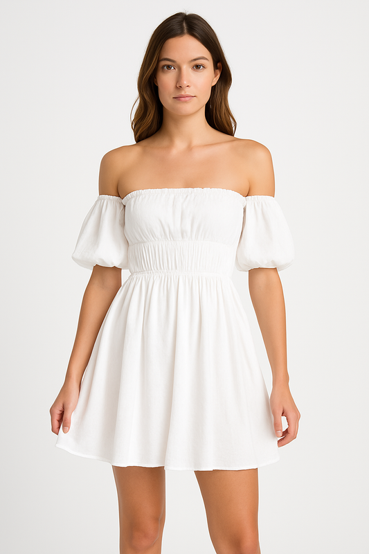 Josien | Dames Mini Jurk – Off-Shoulder, Puff Mouwen & Flared A-Lijn voor Zomerse Elegantie