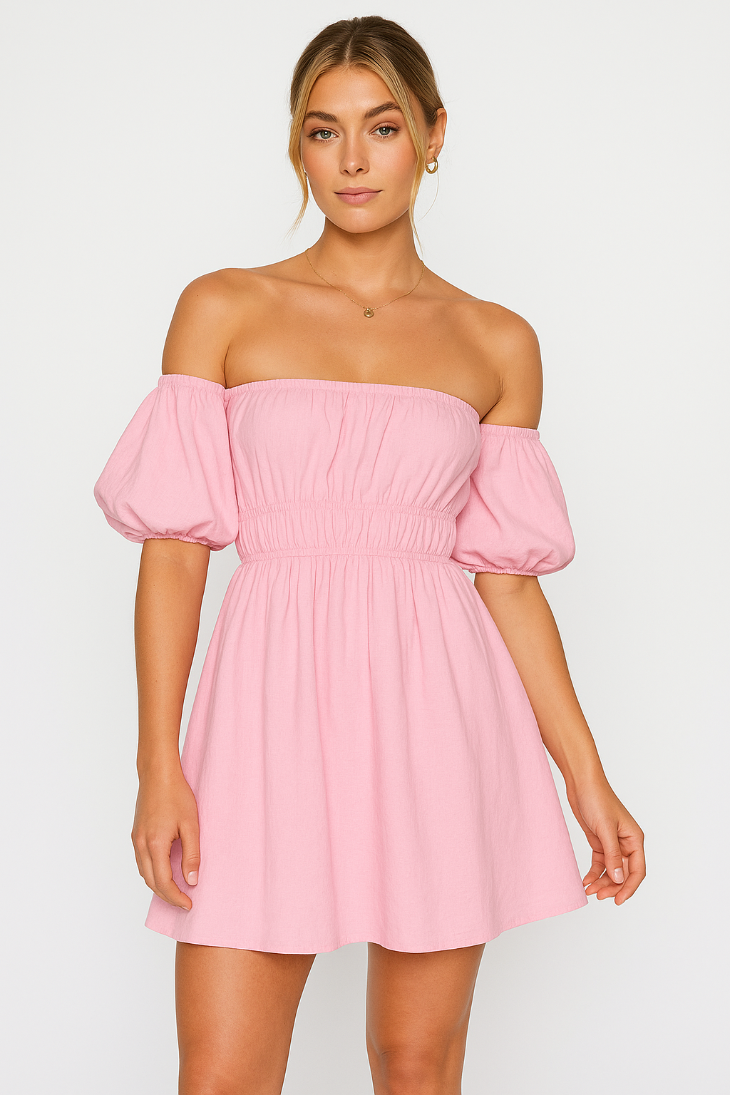 Josien | Dames Mini Jurk – Off-Shoulder, Puff Mouwen & Flared A-Lijn voor Zomerse Elegantie