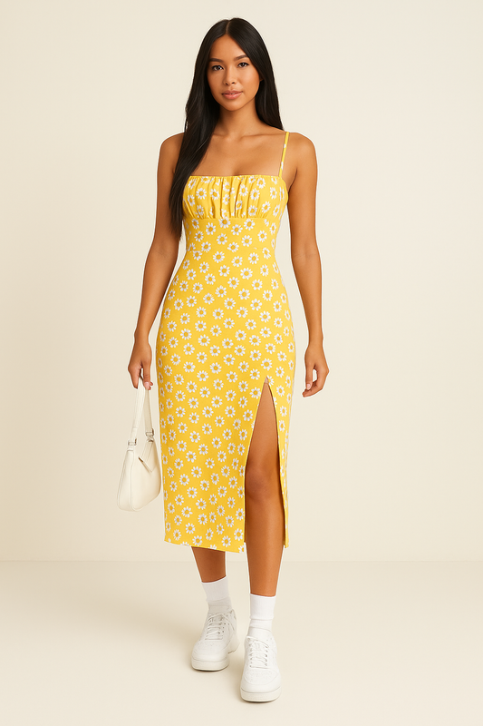 Eefje | Dames Midi Jurk – Slim Fit – Spaghettibandjes – Bloemenprint – Zijsplit