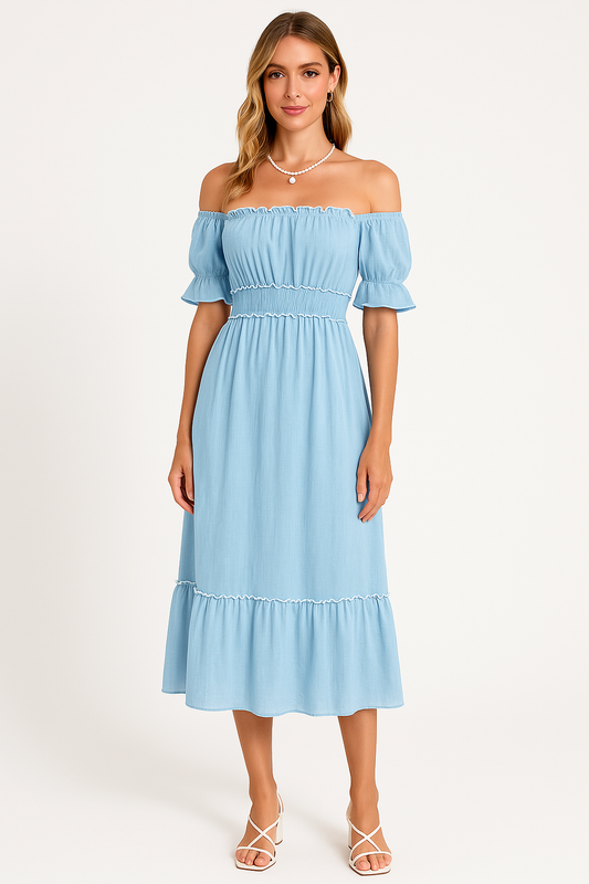 Boho Midi Jurk Off-Shoulder | Dames jurk met ruches zoom en luchtige pasvorm van katoenmix