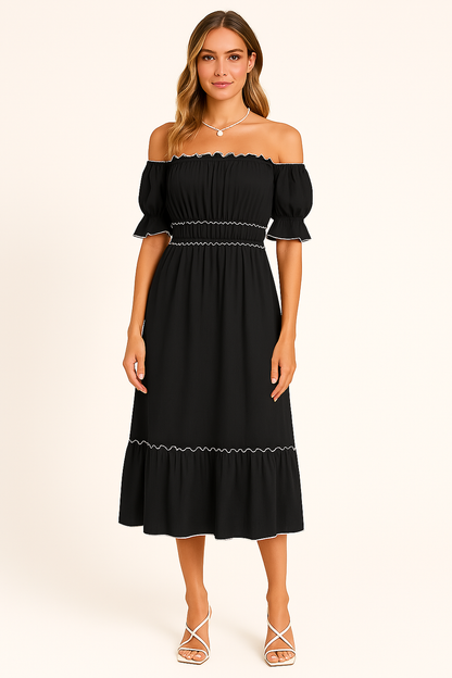 Boho Midi Jurk Off-Shoulder | Dames jurk met ruches zoom en luchtige pasvorm van katoenmix