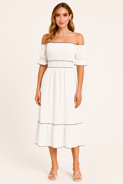 Boho Midi Jurk Off-Shoulder | Dames jurk met ruches zoom en luchtige pasvorm van katoenmix