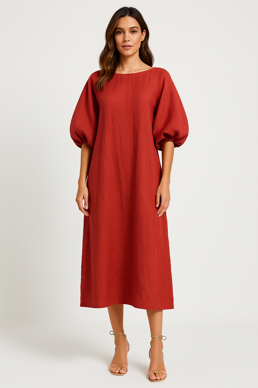 Dames Maxijurk – Losvallend Model – Puff Mouwen – Ronde Hals – Luchtige Stof