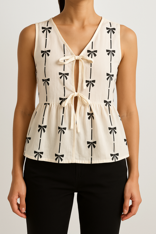 Mouwloze V-hals Blouse | Dames top met relaxed fit en strikdetail van lichtgewicht ademende stof