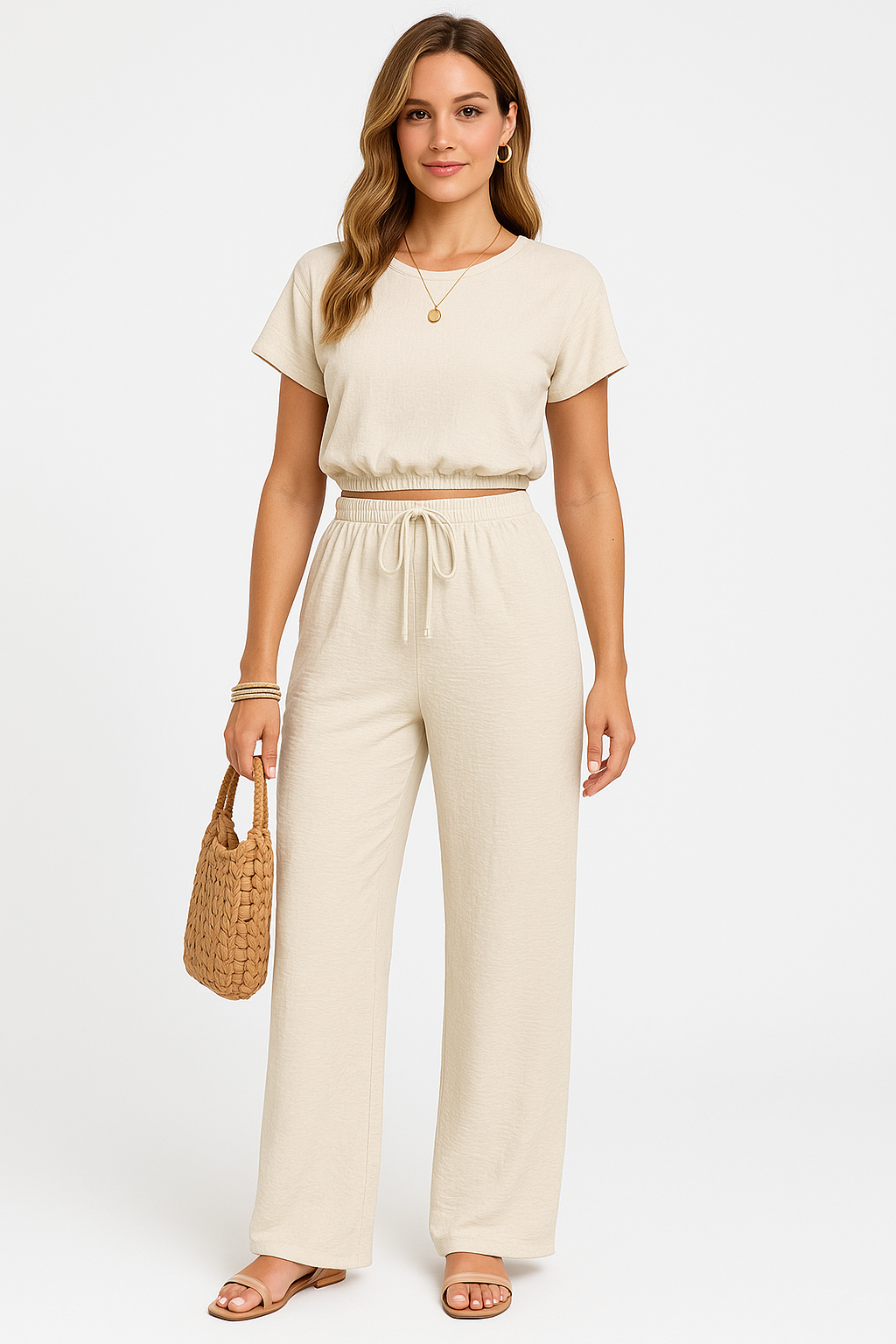 Arina | Dames Tweedelige Set – Crop Top met Batwing Mouwen en Wijde Broek met Trekkoord