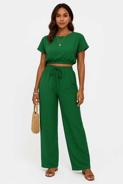 Arina | Dames Tweedelige Set – Crop Top met Batwing Mouwen en Wijde Broek met Trekkoord