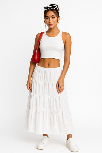 Alma | Dames Maxi Rok – A-lijn Pasvorm met Gelaagde Ruffles en Verstelbare Taille
