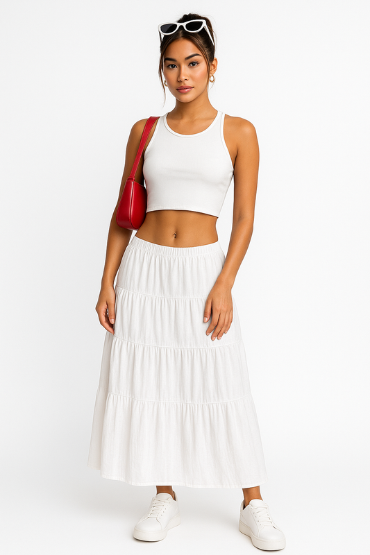 Alma | Dames Maxi Rok – A-lijn Pasvorm met Gelaagde Ruffles en Verstelbare Taille