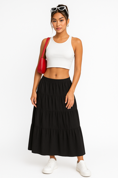 Alma | Dames Maxi Rok – A-lijn Pasvorm met Gelaagde Ruffles en Verstelbare Taille