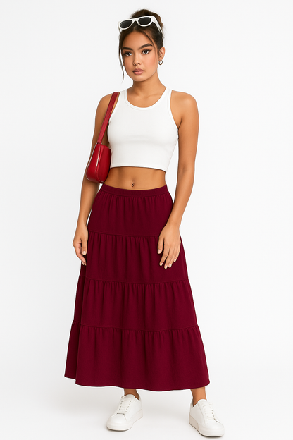 Alma | Dames Maxi Rok – A-lijn Pasvorm met Gelaagde Ruffles en Verstelbare Taille