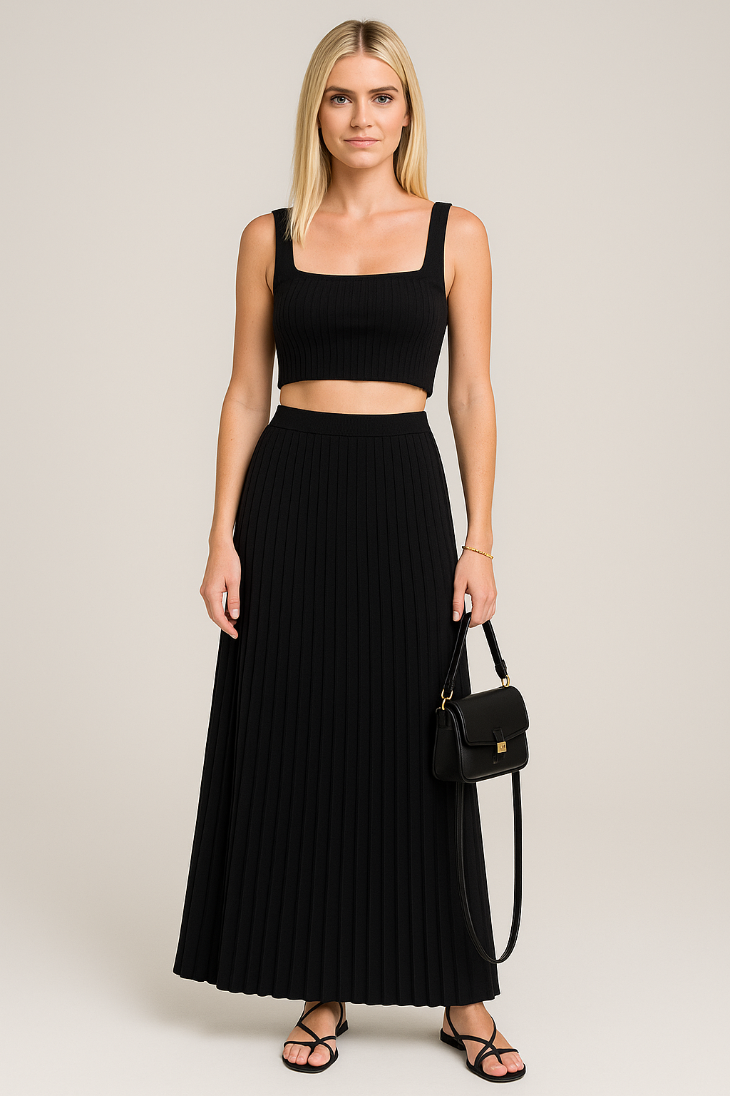 Heleen | Dames Set met Gebreide Crop Top & Plissé Maxi Rok – Slim Fit & Zachte Stretch voor Elegante All-Day Looks