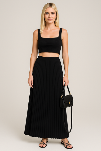 Heleen | Dames Set met Gebreide Crop Top & Plissé Maxi Rok – Slim Fit & Zachte Stretch voor Elegante All-Day Looks