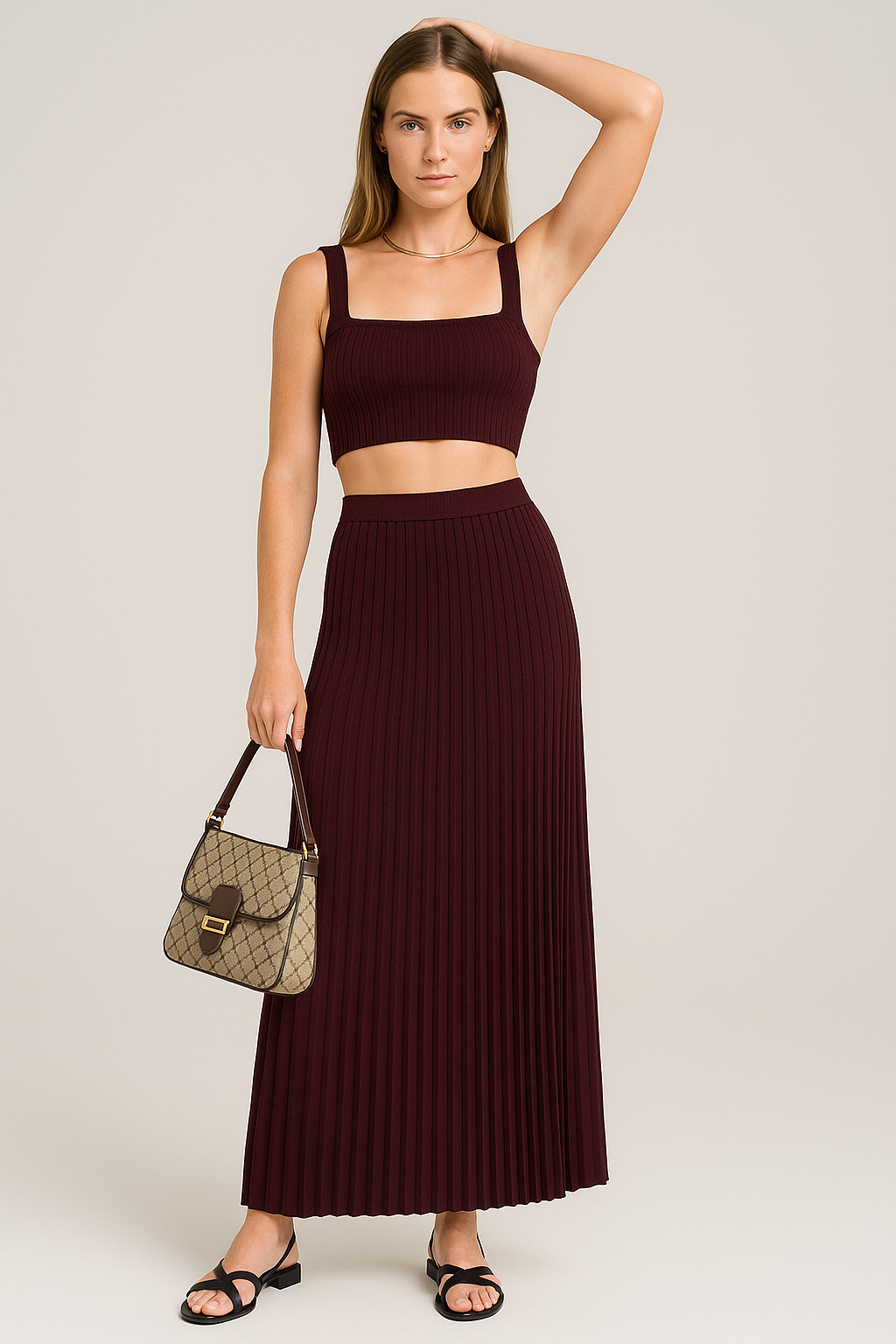 Heleen | Dames Set met Gebreide Crop Top & Plissé Maxi Rok – Slim Fit & Zachte Stretch voor Elegante All-Day Looks