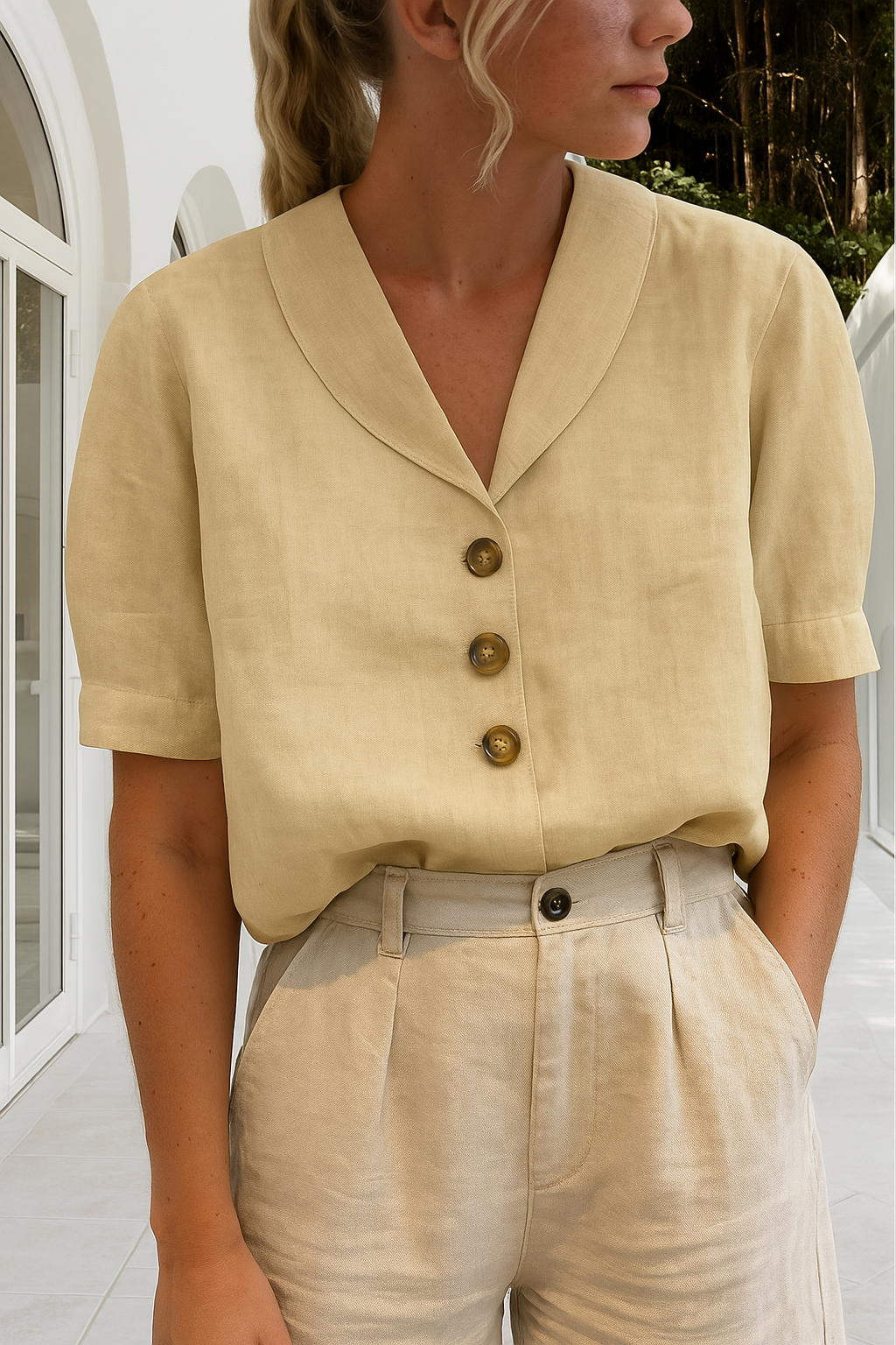 Elva | Dames T-shirt van Katoen en Linnen – Elegante Envelop Hals en Subtiele Knoopdetails