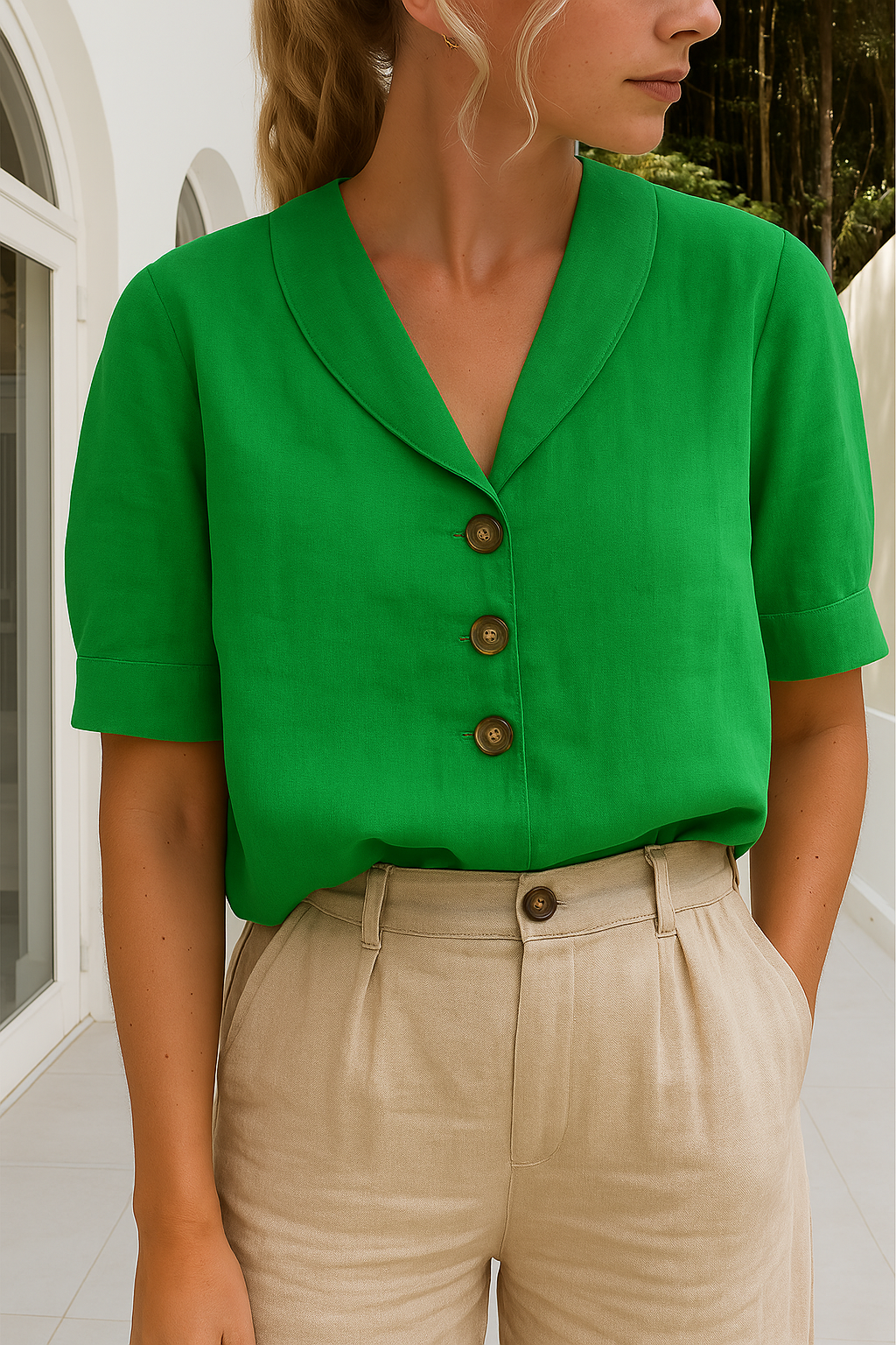 Elva | Dames T-shirt van Katoen en Linnen – Elegante Envelop Hals en Subtiele Knoopdetails