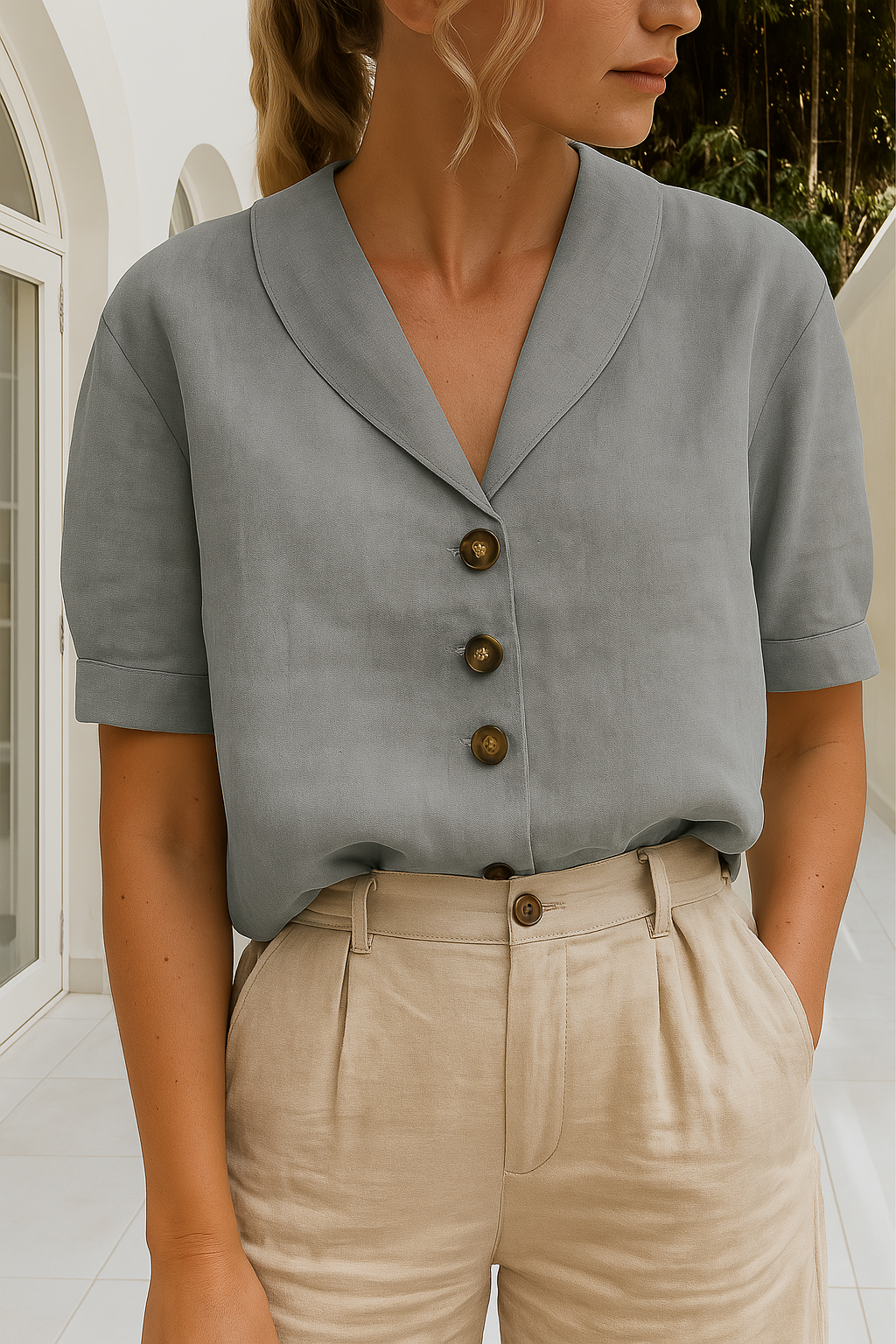 Elva | Dames T-shirt van Katoen en Linnen – Elegante Envelop Hals en Subtiele Knoopdetails
