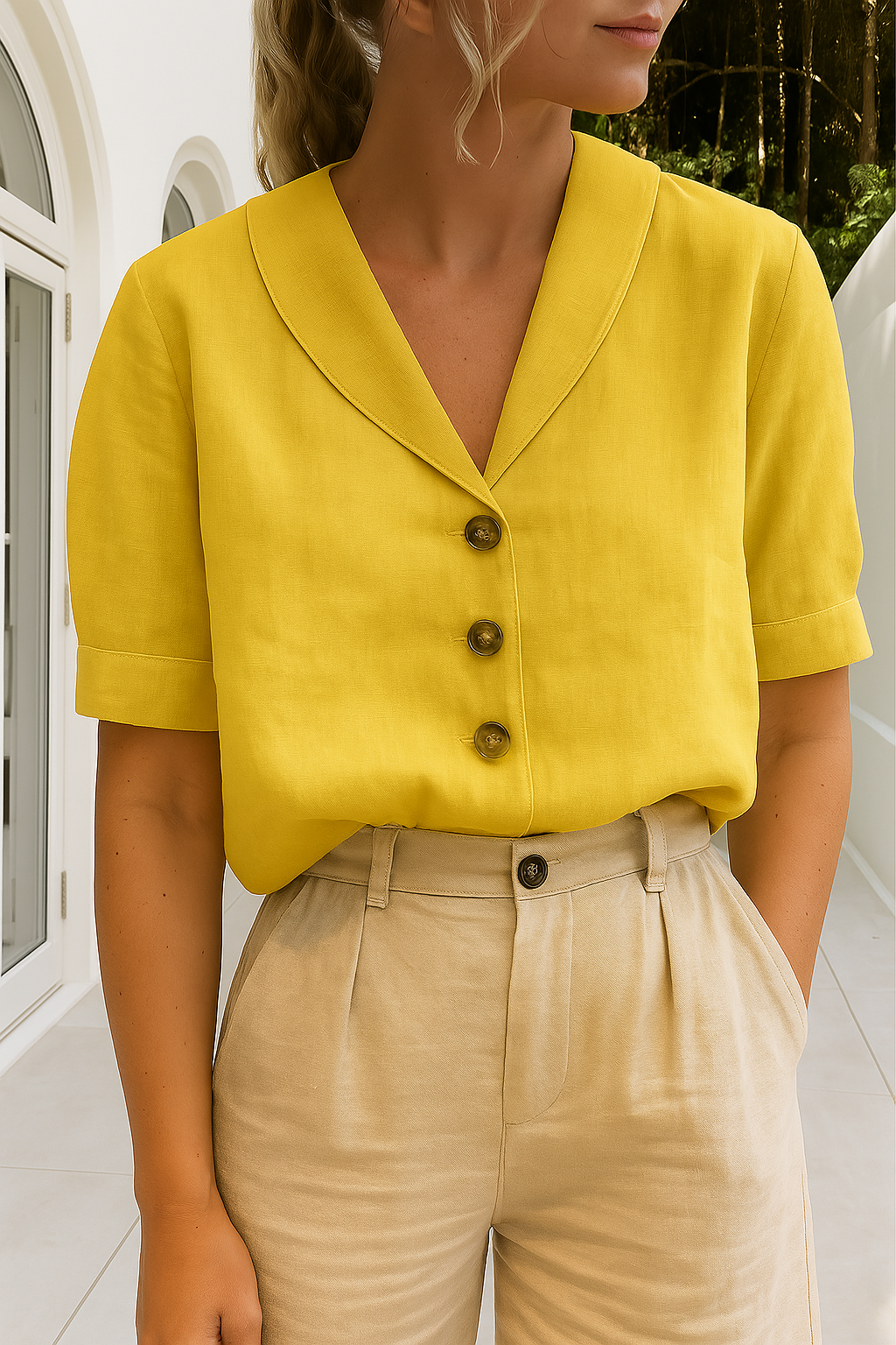 Elva | Dames T-shirt van Katoen en Linnen – Elegante Envelop Hals en Subtiele Knoopdetails