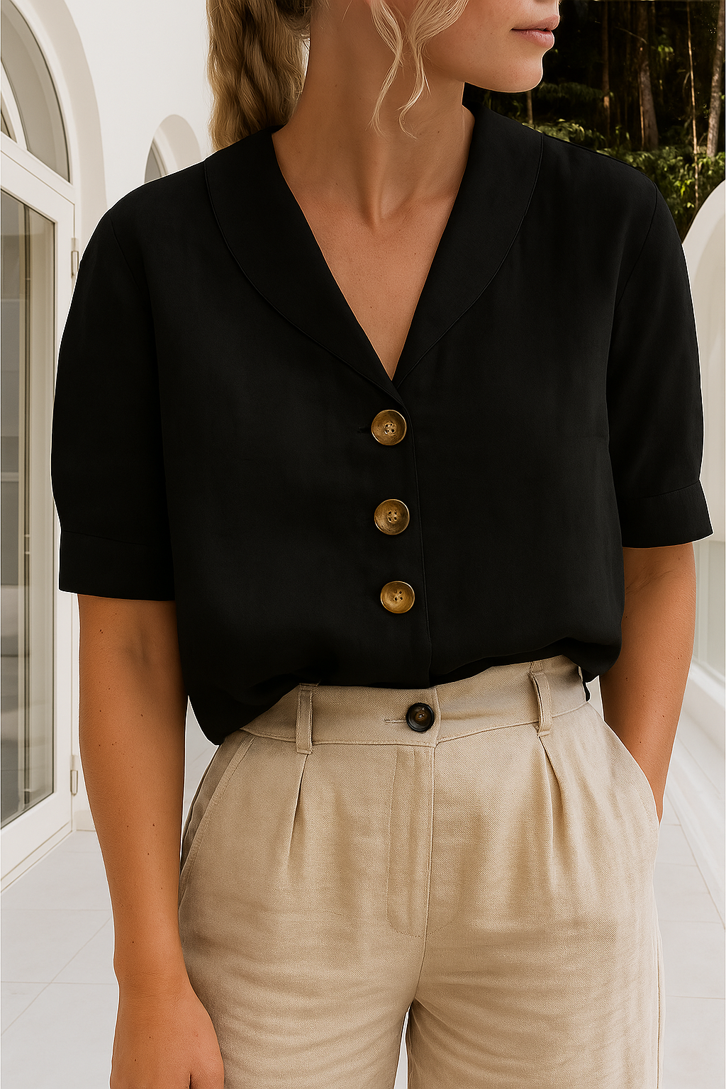 Elva | Dames T-shirt van Katoen en Linnen – Elegante Envelop Hals en Subtiele Knoopdetails