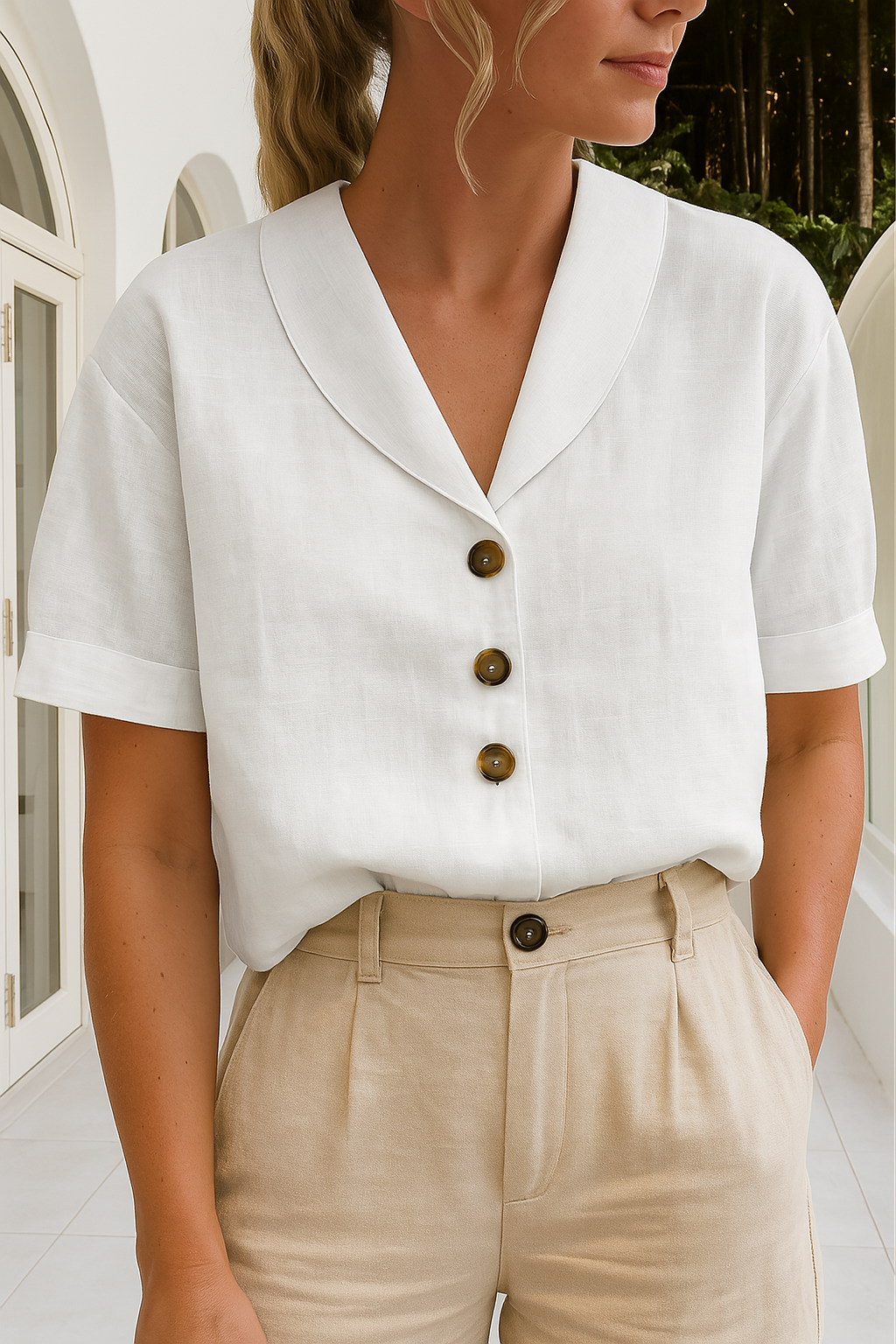 Elva | Dames T-shirt van Katoen en Linnen – Elegante Envelop Hals en Subtiele Knoopdetails