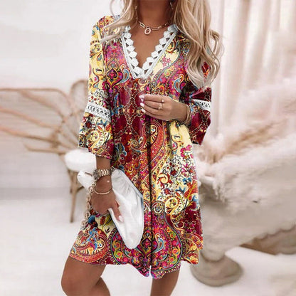Aleida | Dames Jurk – Losvallende Bedrukte Zomerjurk met 3/4 Mouwen en Knoopsluiting