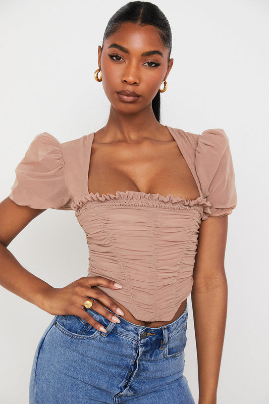 Mina | Dames Korset – Pofmouwen, Geplooid Design, Elegante Vierkante Halslijn