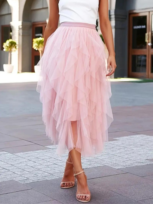 Tonny | Dames Midi Rok – Hoog Getailleerd, Gelaagde Mesh met Ruches en Elegante A-Lijn