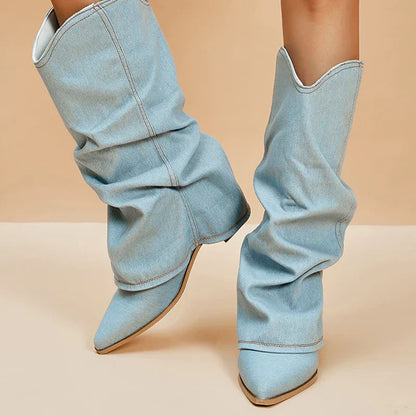 Dameslaarzen – Denim Knielaarzen met Stevige Hak en Gedurfd Design | JILL