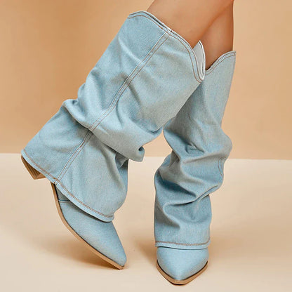 Dameslaarzen – Denim Knielaarzen met Stevige Hak en Gedurfd Design | JILL