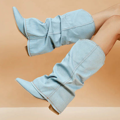 Dameslaarzen – Denim Knielaarzen met Stevige Hak en Gedurfd Design | JILL