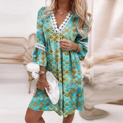 Aleida | Dames Jurk – Losvallende Bedrukte Zomerjurk met 3/4 Mouwen en Knoopsluiting