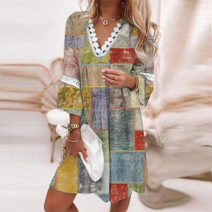 Aleida | Dames Jurk – Losvallende Bedrukte Zomerjurk met 3/4 Mouwen en Knoopsluiting