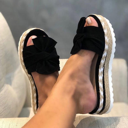Caro | Platform Sandalen Dames – Zachte Inlegzool, Gevlochten Zool & Grote Strik