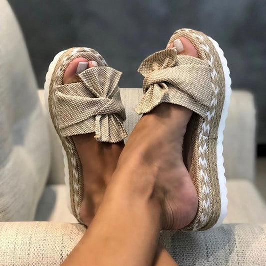 Caro | Platform Sandalen Dames – Zachte Inlegzool, Gevlochten Zool & Grote Strik