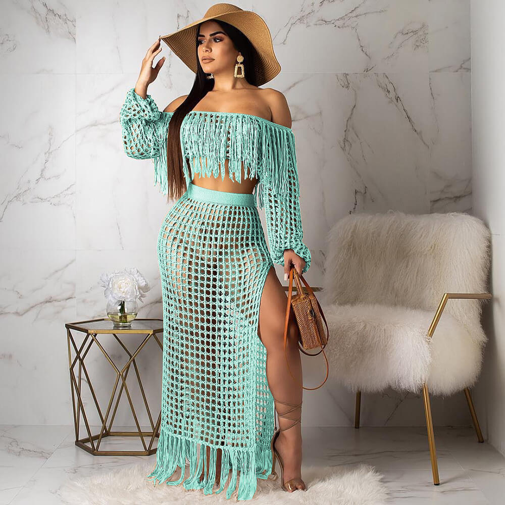 Nienke | Dames Boho Strandset – Gehaakt Design – Off-Shoulder Top – Maxi-Rok met Split