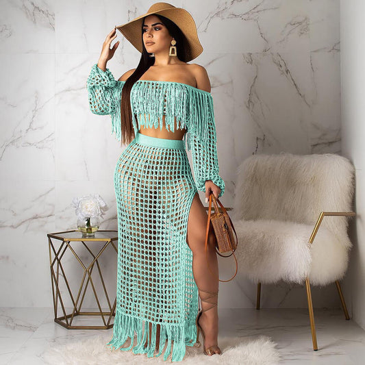 Nienke | Dames Boho Strandset – Gehaakt Design – Off-Shoulder Top – Maxi-Rok met Split