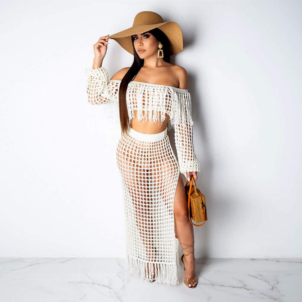 Nienke | Dames Boho Strandset – Gehaakt Design – Off-Shoulder Top – Maxi-Rok met Split
