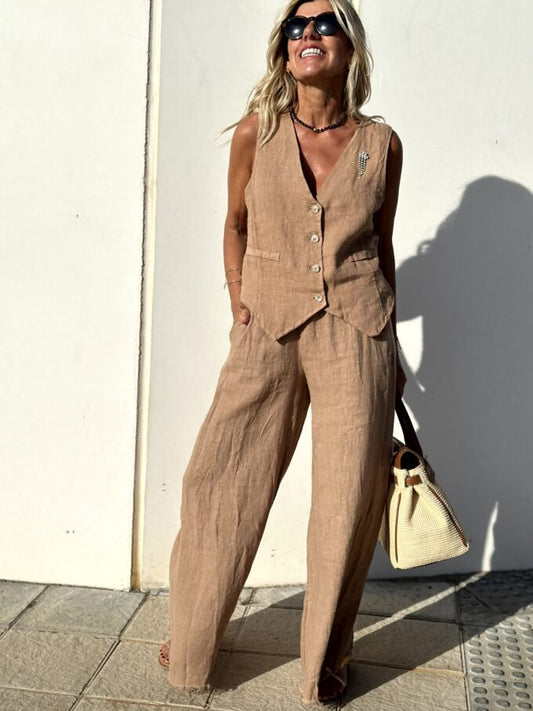 Juulie | Dames Zomerset – Linnen Gilet en Broek met Luchtige Pasvorm en Stijlvolle Bruine Look