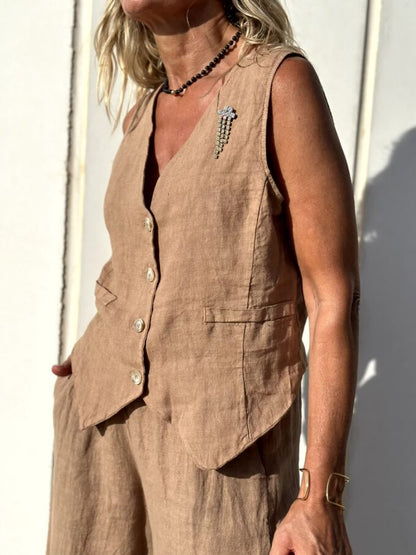 Juulie | Dames Zomerset – Linnen Gilet en Broek met Luchtige Pasvorm en Stijlvolle Bruine Look